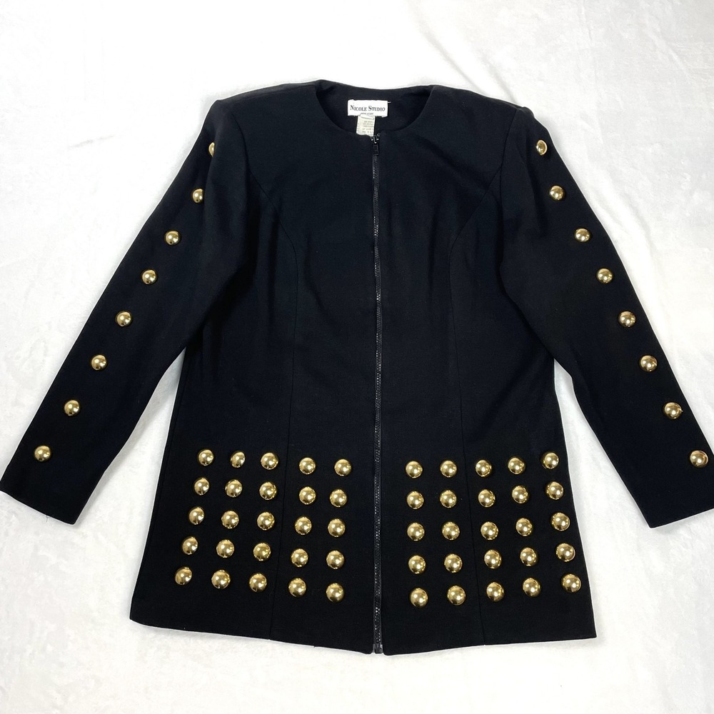 VTG Nicole Studio Black Gold Studded 1980s Novelty Fashion Coat Jacket L/XL